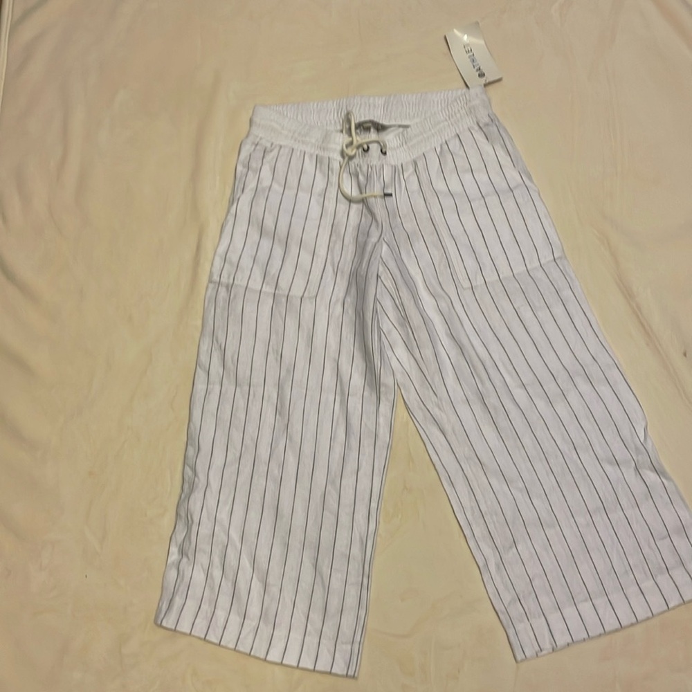 Athleta Linen Striped Bali Cropped Pants Womens Size 8P White Drawstring Sheer - Picture 3 of 7